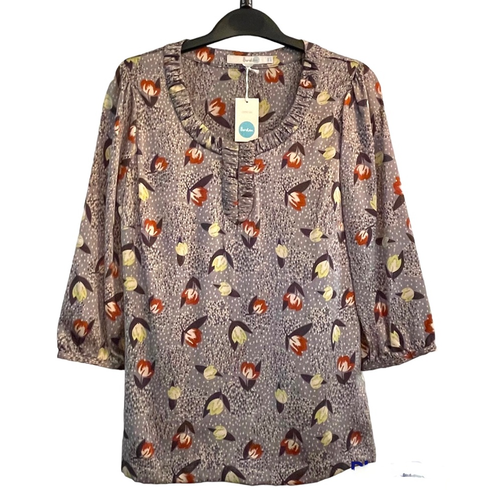 Boden 100% Silk Juliet Top US 2 gray floral New